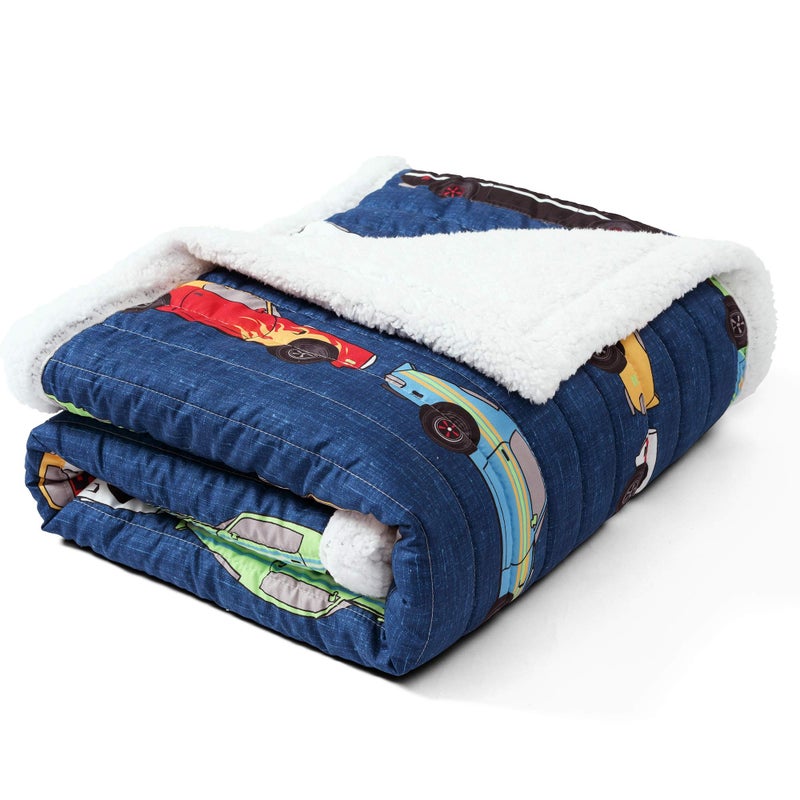 Lush Decor Cars Throw | Fuzzy Reversible Sherpa Blanket with Racing Print Design for Kids-60â€ x 50, Navy - Image 4